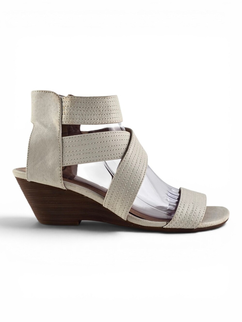 Miz Mooz Women's Dayna Leather Strappy Ankle Zip Wedge Sandals Cream 7.5